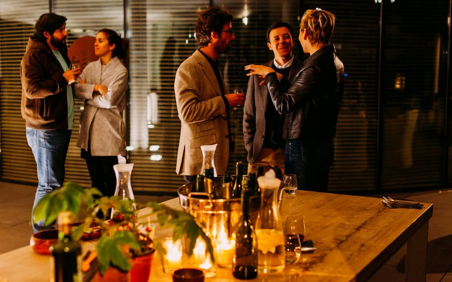 Coffee and conversations in the foyer