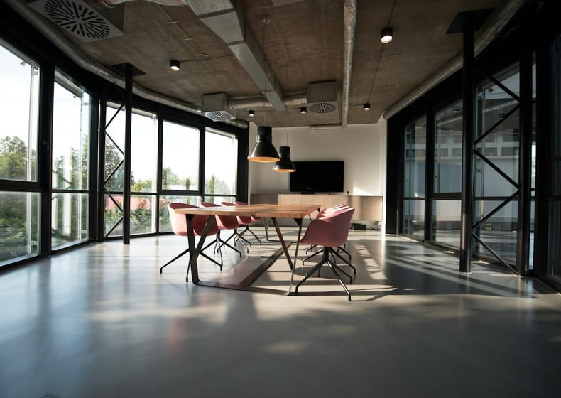 Open office loft with large windows